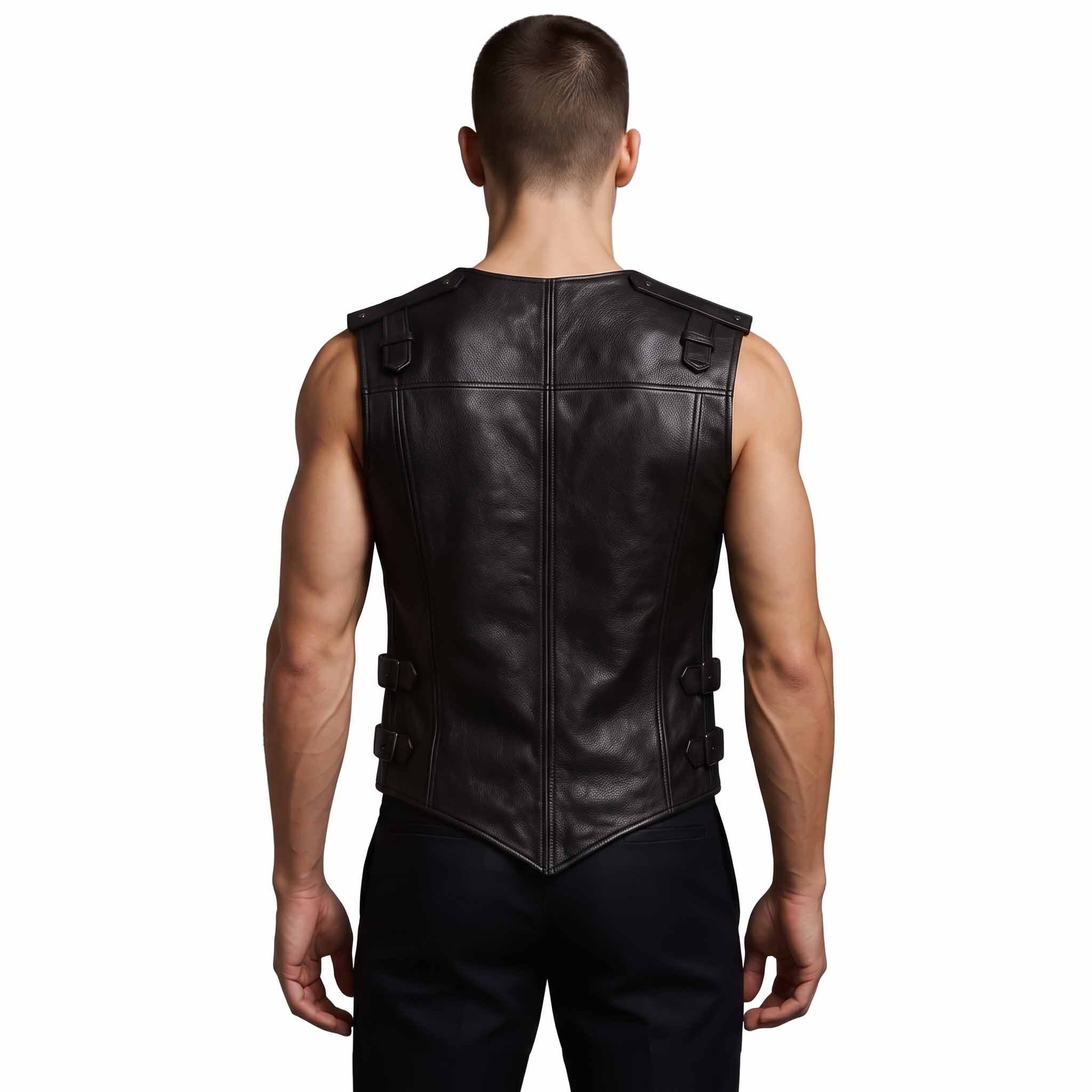 Back view of man wearing tailored black leather gothic vest displaying horizontal shoulder yoke, clean spine seams, and pointed rear hem