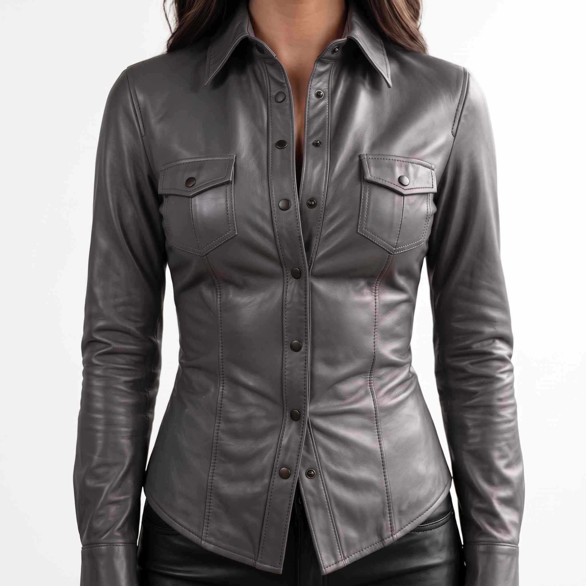 Front close up view of a woman wearing a tailored charcoal gray lambskin leather shirt with snap buttons and flap chest pockets.