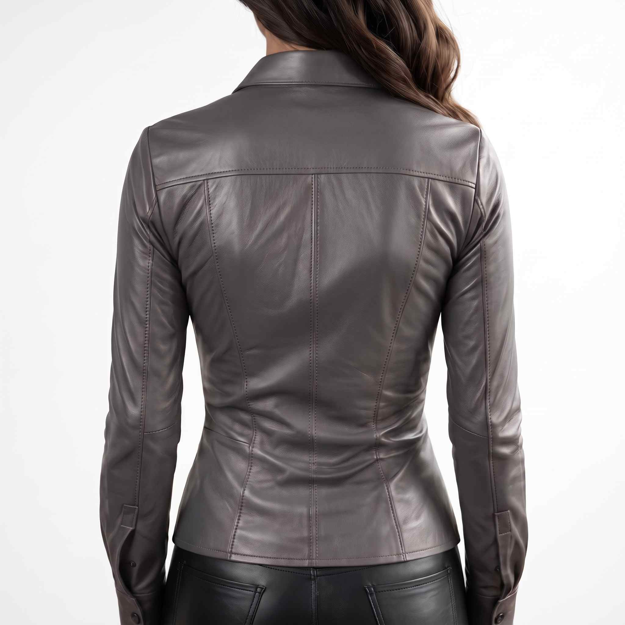 Back close up view displaying the structured shoulder yoke and contoured panel seams on a women's gray fitted leather blouse.