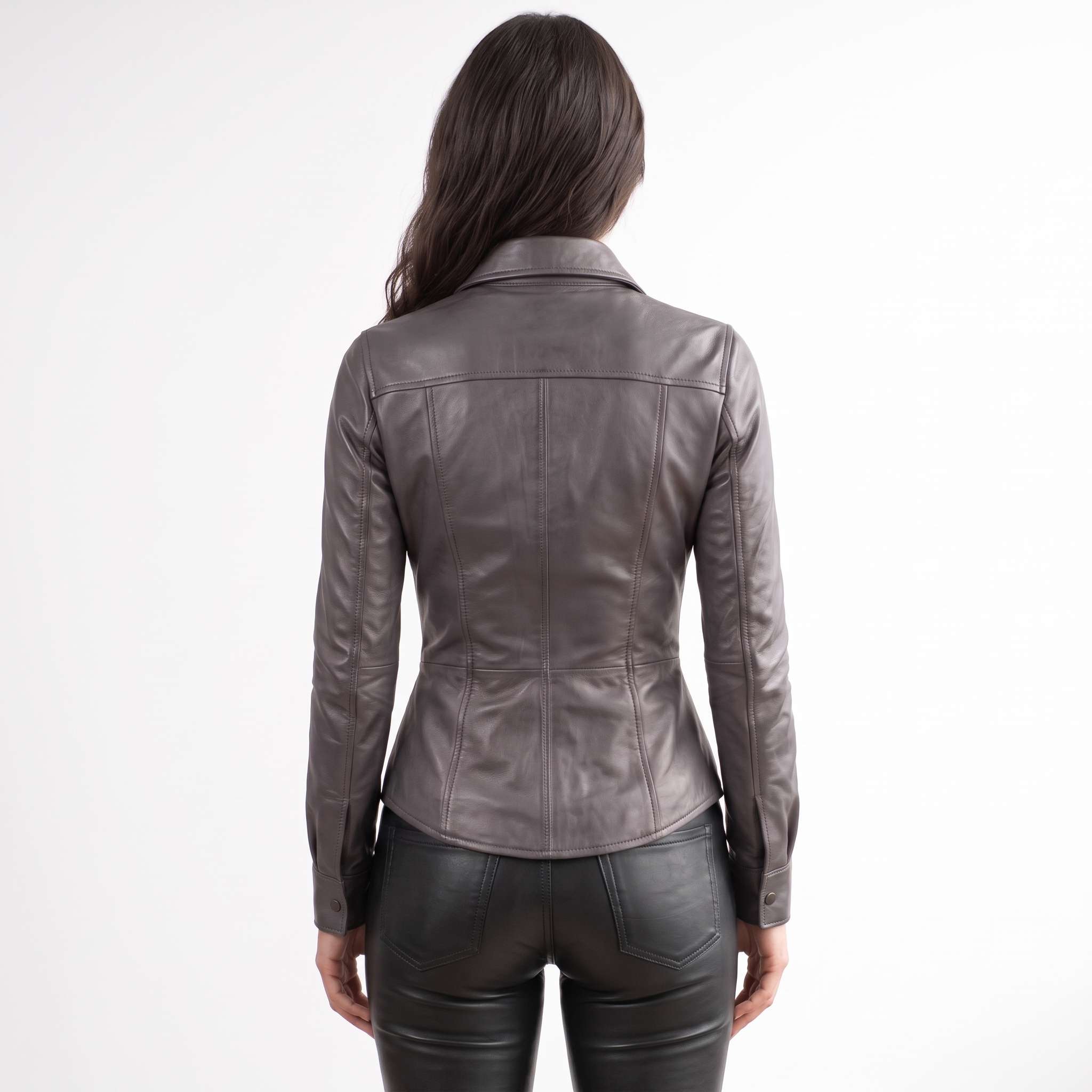 Full back view showing the streamlined fit, seam construction, and cuff detailing on a women's handcrafted gray leather overshirt.