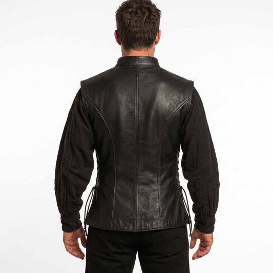 Back view showing the contoured tailored seams and side cord lacing of the black genuine leather Viking jerkin vest.