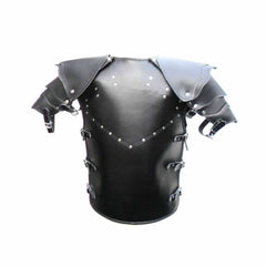 Plain black leather body armour back panel with chrome rivets and articulated shoulder pauldrons.