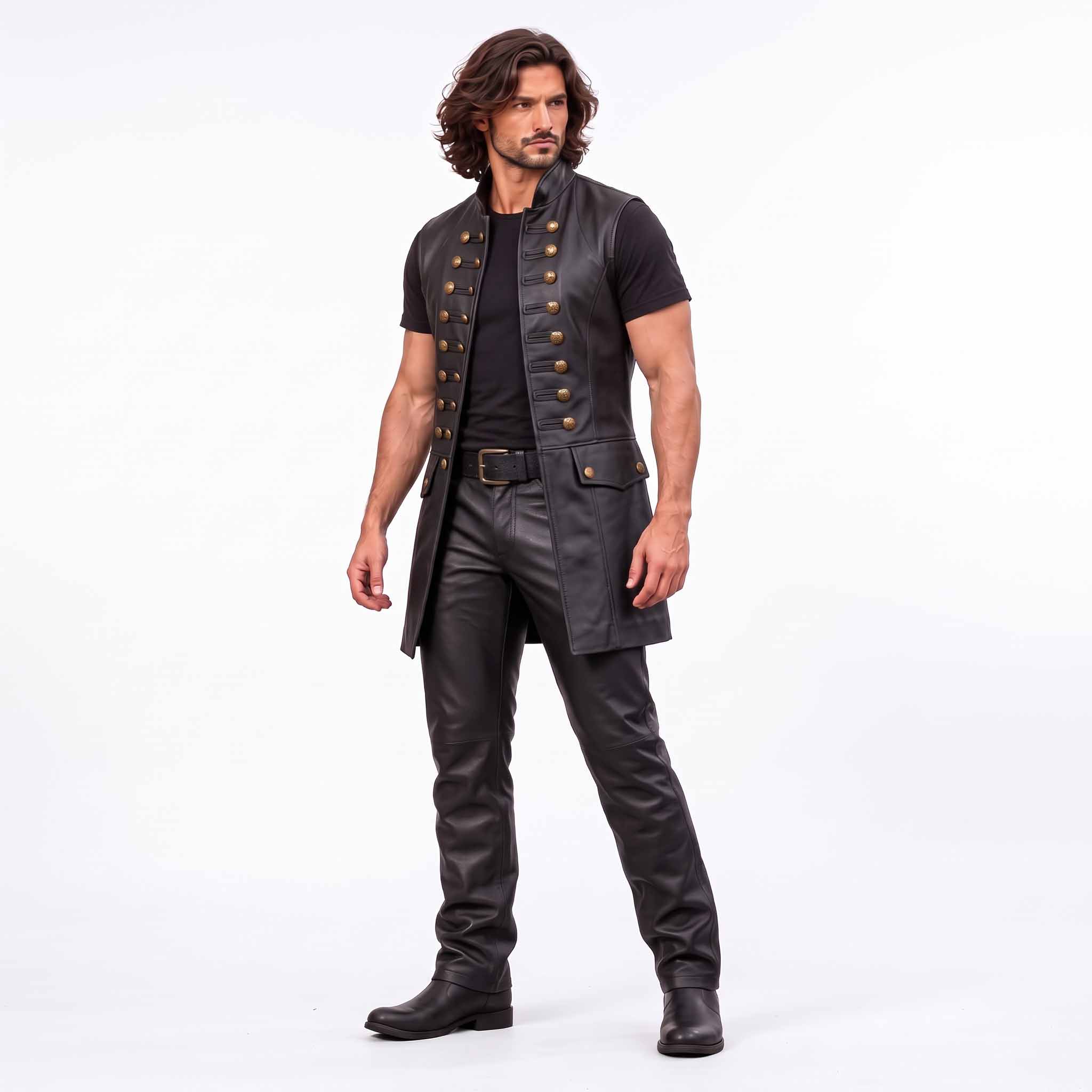 Full length front studio portrait of man modeling black leather renaissance costume vest with brass buttons and leather boots