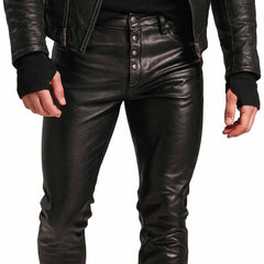 Detailed macro shot of mens black leather pants highlighting five button fly placket, coin pocket, and belt loops