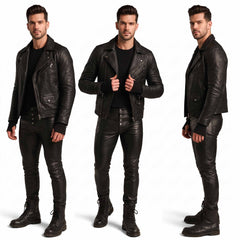 Three panel studio composite of male model posing in black leather jeans and motorcycle jacket showing front, angled, and side views