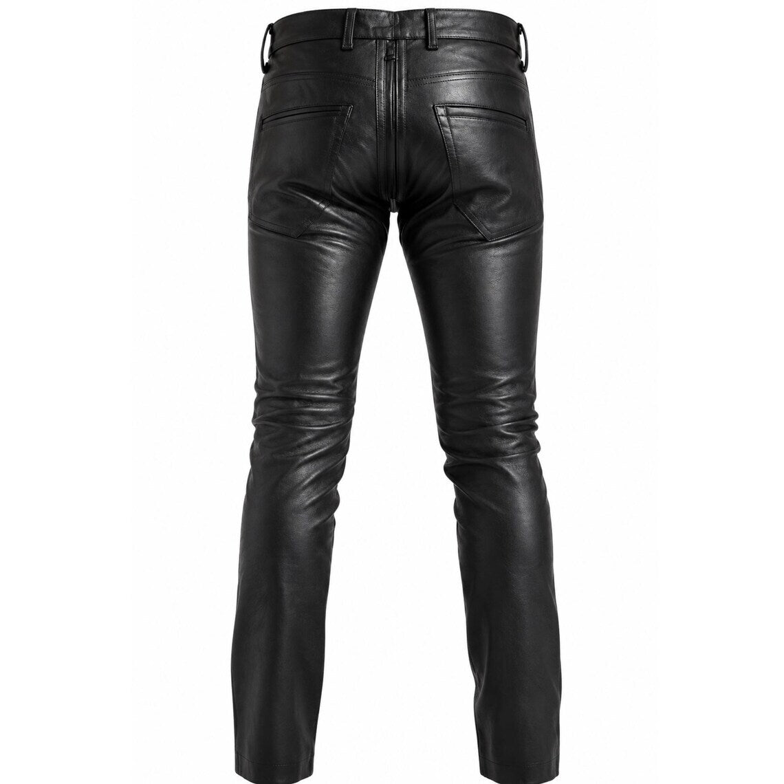 Back studio shot of mens black genuine leather trousers showing rear patch pockets, yoke seam, and full length center back zipper