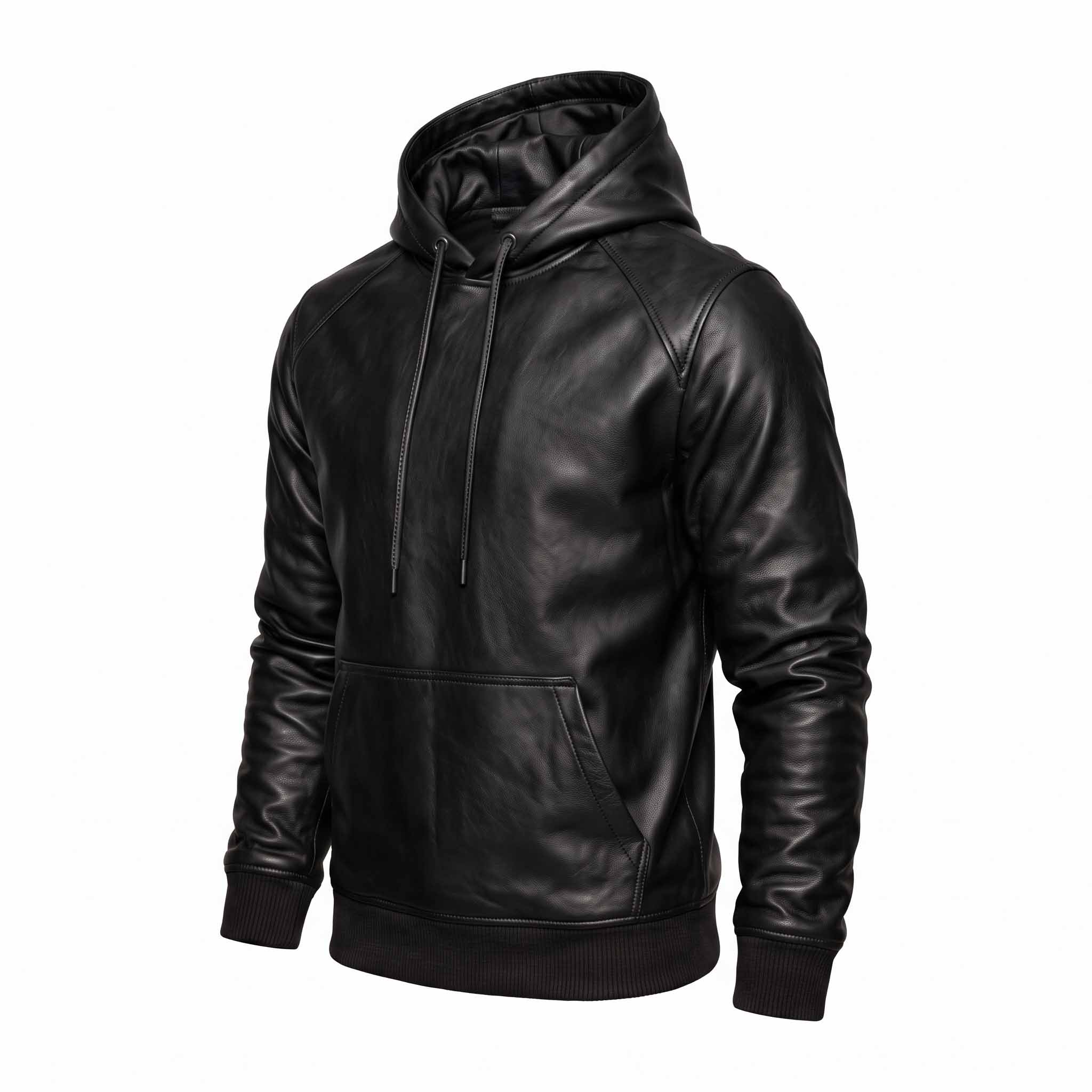 Front studio view of black sheepskin leather pullover hoodie on invisible mannequin showing kangaroo pocket and leather drawstrings