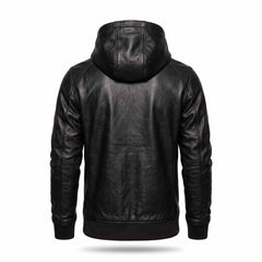 Back studio view of mens black leather hoodie on invisible mannequin displaying center spine seam and ribbed knit hemline