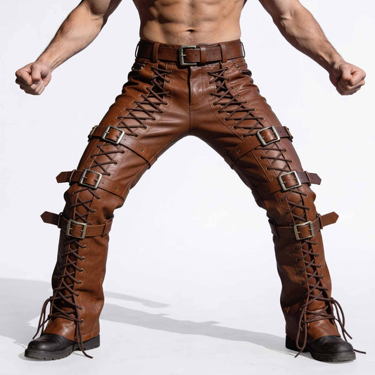 Full front action pose of muscular man wearing handmade brown cowhide leather pants with front leg cord lacing and horizontal buckle straps