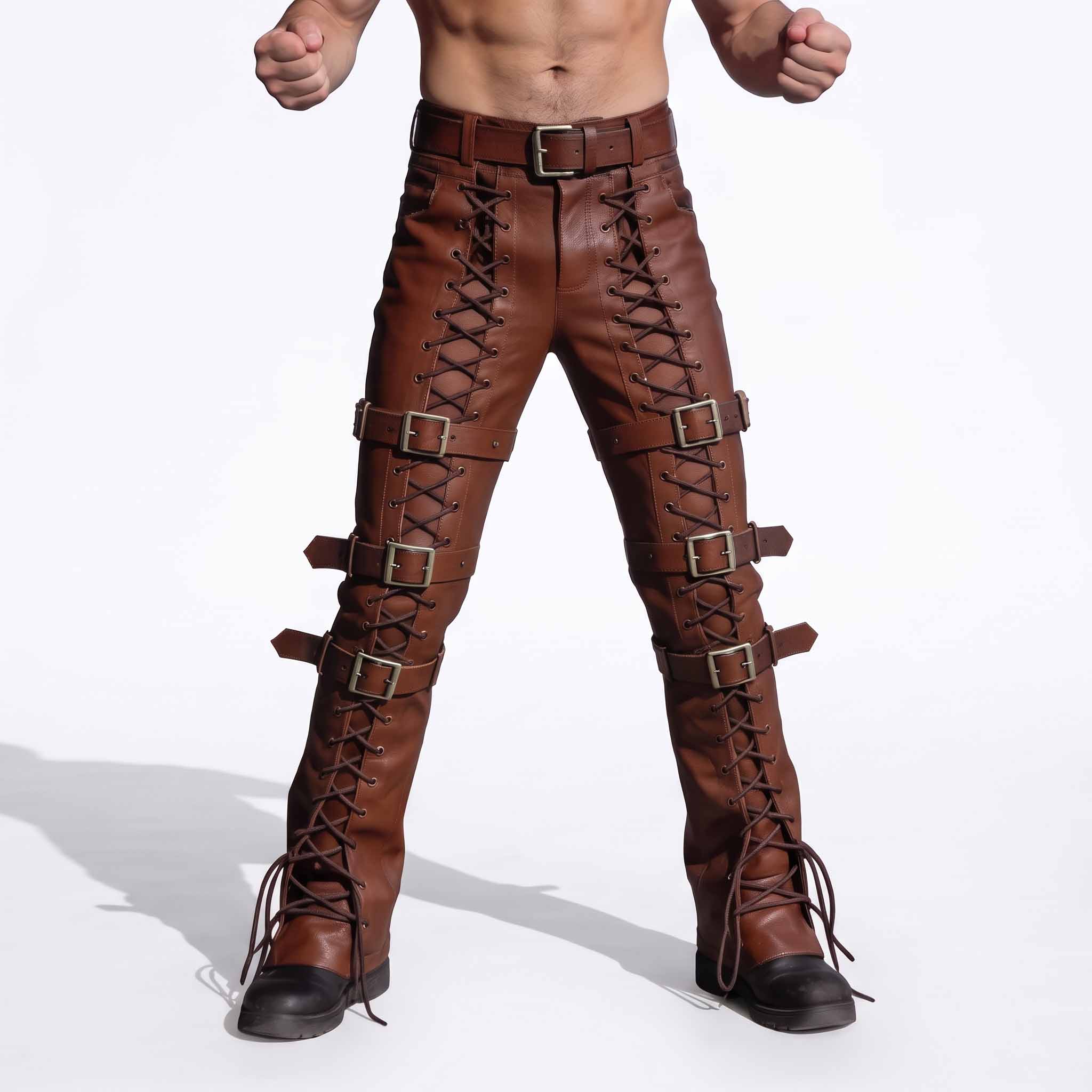 Straight front full length studio view of man modeling brown leather lace up warrior trousers with matching waist belt