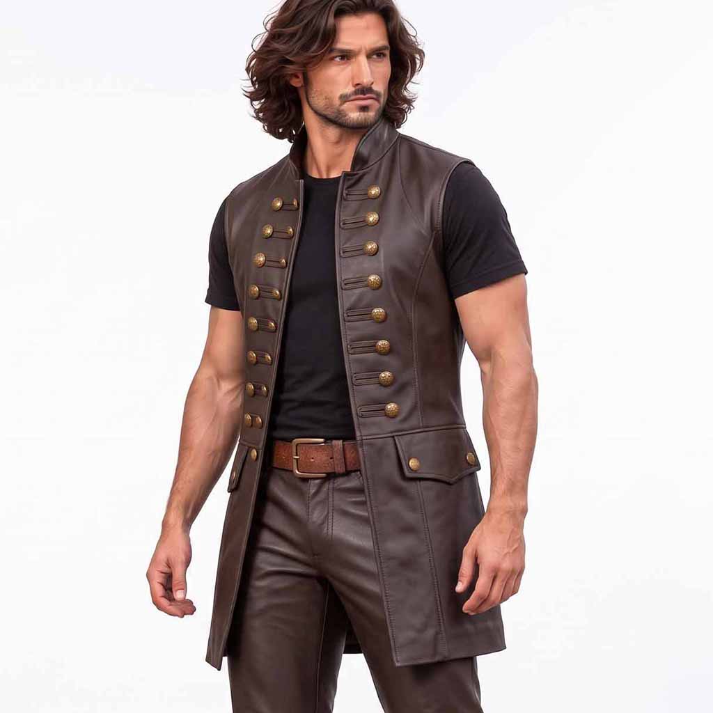 Close up front perspective of man in brown leather medieval vest showing chest button detail and standing collar