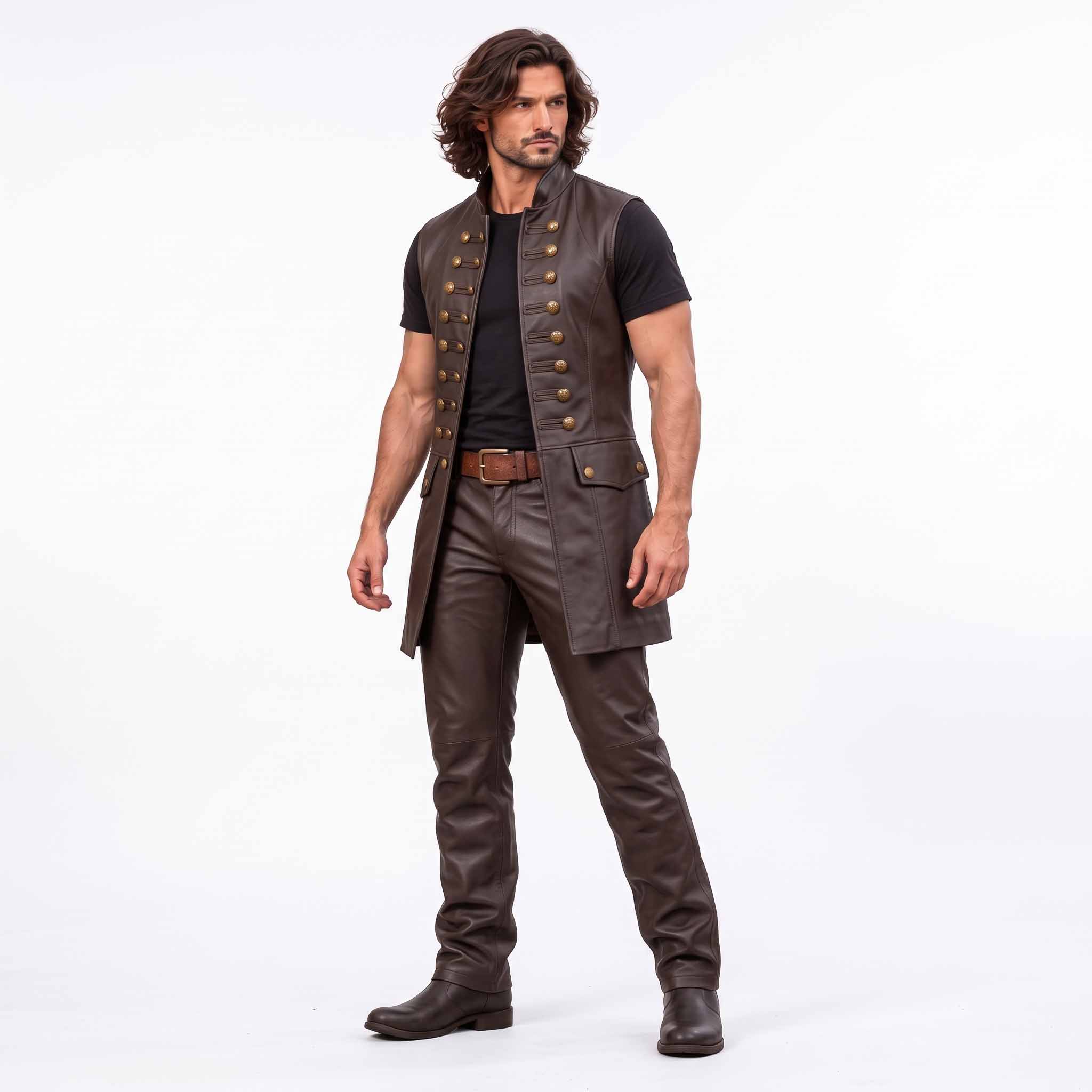 Front three quarter perspective of male model wearing dark brown leather steampunk long waistcoat paired with matching leather trousers