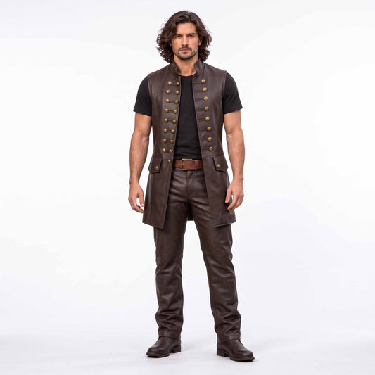 Full length front studio portrait of man modeling brown leather renaissance costume vest with brass buttons and leather boots