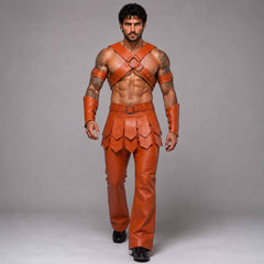 Handmade Orange Cowhide Leather Gladiator Costume | Men's Fantasy Warrior Armor Set