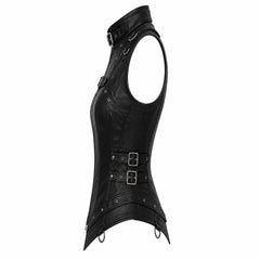Side profile of a women's fitted black leather gothic corset vest showing curved hourglass tailoring and double side-buckle waist cinchers.
