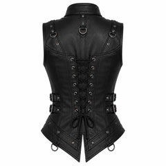 Rear view of a tailored black leather gothic waistcoat highlighting the adjustable crisscross lace-up back, side strap buckles, and metal D-ring accents.