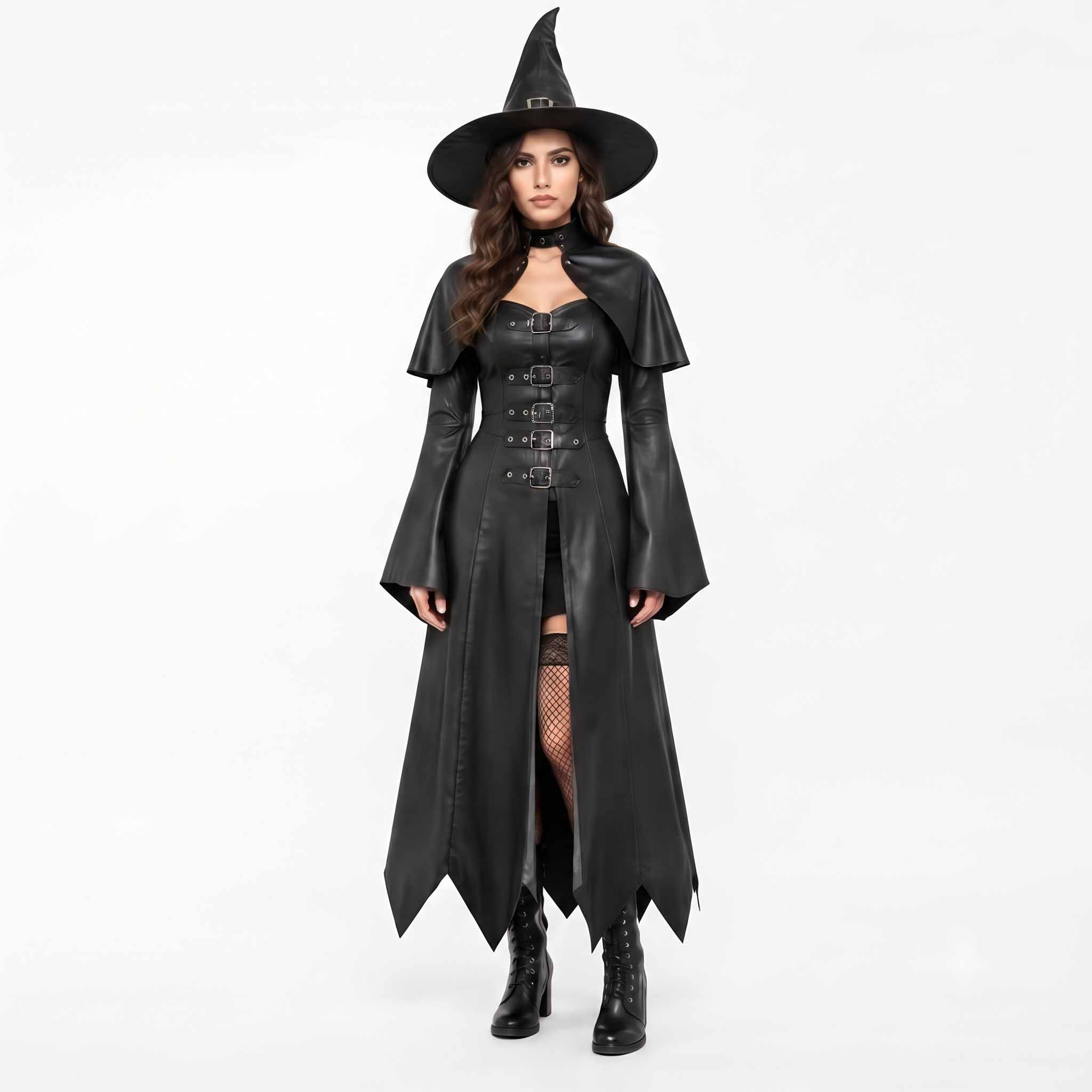 Full front view of a woman wearing a handmade black leather witch costume dress with flared bell sleeves, buckled bodice, pointed hem, and matching pointed witch hat.