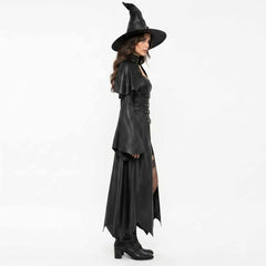 Side profile of the long black leather gothic witch coat showing the layered shoulder capelet, wide sleeve silhouette, and high-pointed leather witch hat.