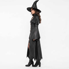 Three-quarter angle view of the handcrafted leather witch cosplay gown highlighting the fitted waistline, silver buckles, and dramatic draped hem.