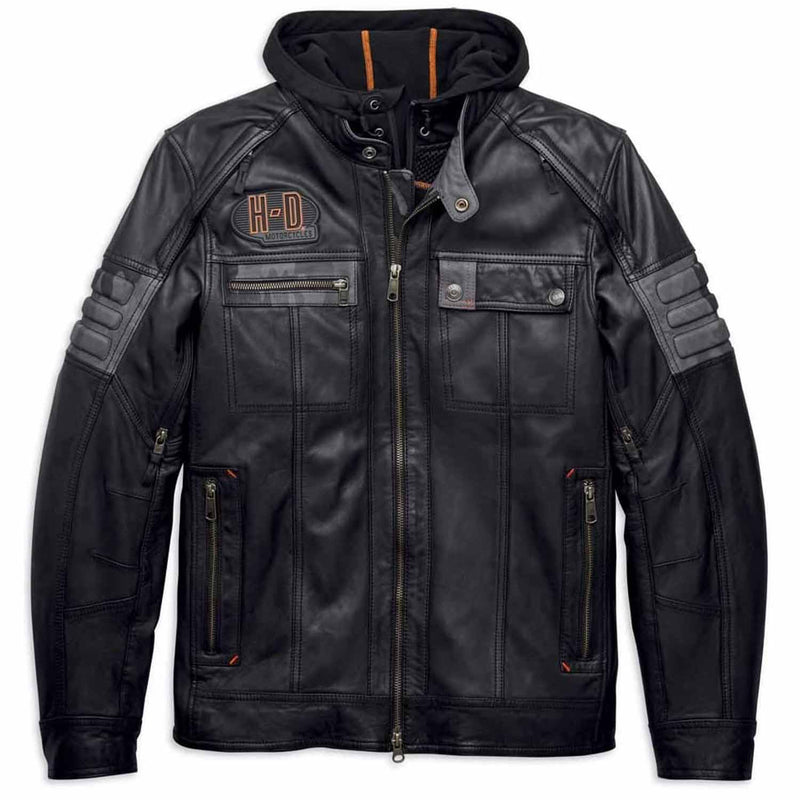 Harley Davidson Men's Bridgeport Black Leather Jacket Hoodie 3 in 1
