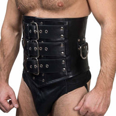 A close-up of a black cowhide leather waist trainer belt with multiple adjustable buckles and metal grommets, worn by a model.