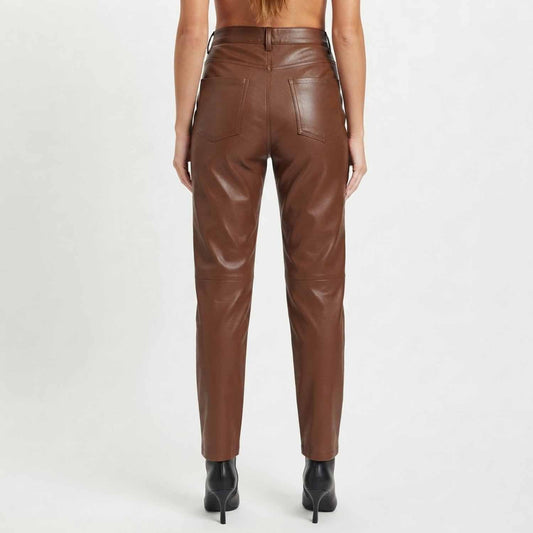 Womens Brown High Waisted Lambskin Leather Pants, Straight Leg Trousers