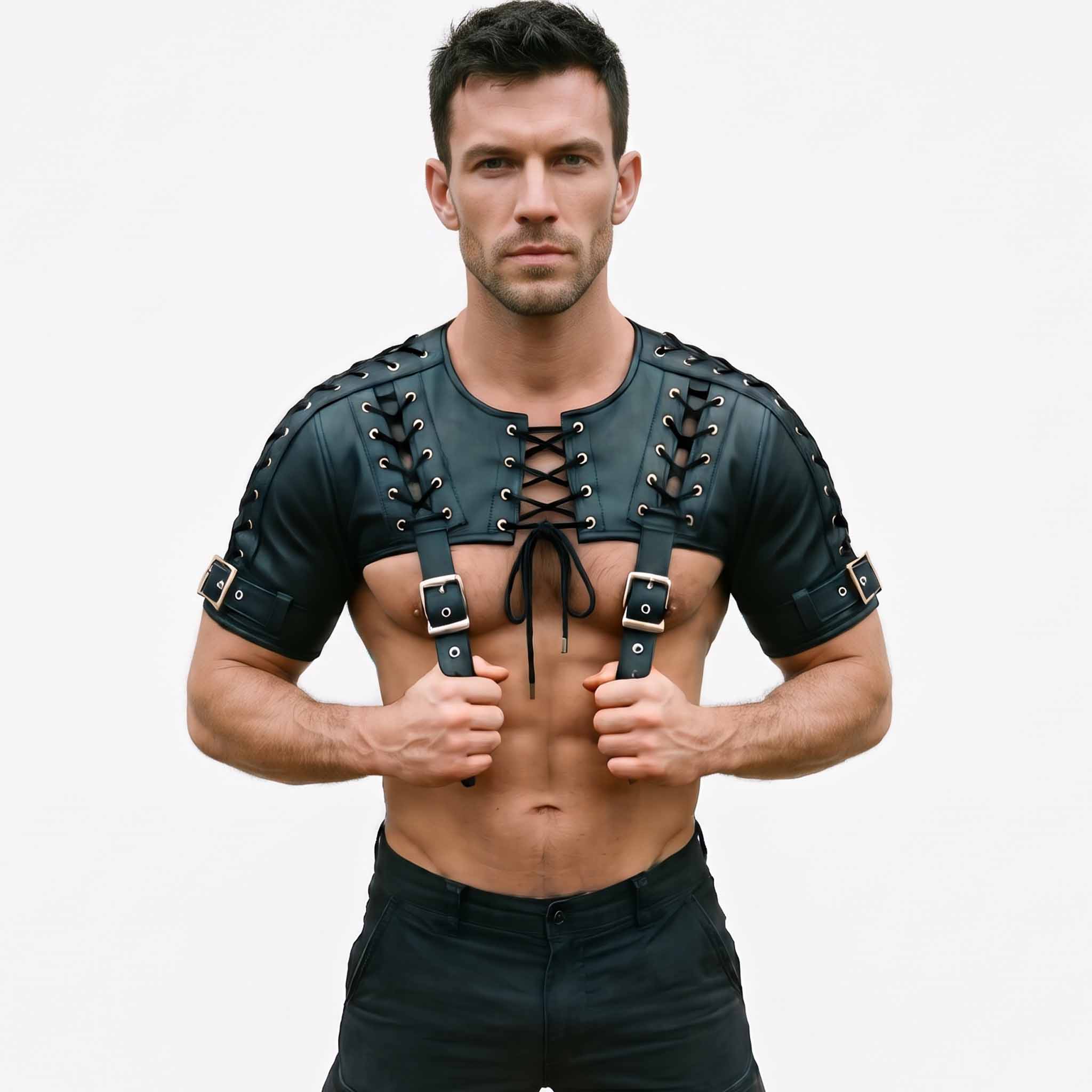 Torso view of athletic male model showcasing the open chest cutout and lace-up details of black leather festival harness shrug