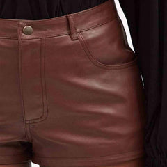 Ladies Brown Genuine Soft Lambskin Leather High Rise Shorts