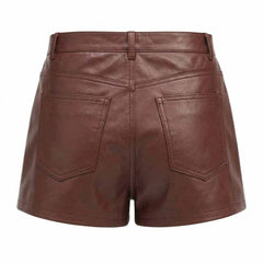 Ladies Brown Genuine Soft Lambskin Leather High Rise Shorts
