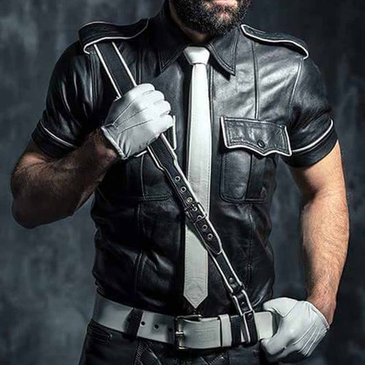 Camisa negra policial con ribetes blancos y cuero de napa de piel de cordero auténtica para hombre Cuir Bluf Lederhemd Lederharren Bikers