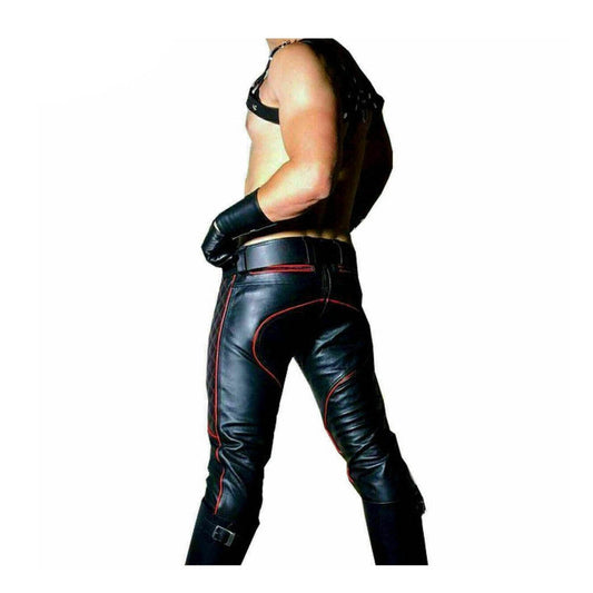 Pantalones de cuero para hombre, pantalones con ribetes negros y rojos, pantalones de motorista BLUF, pantalones Gay Cuir