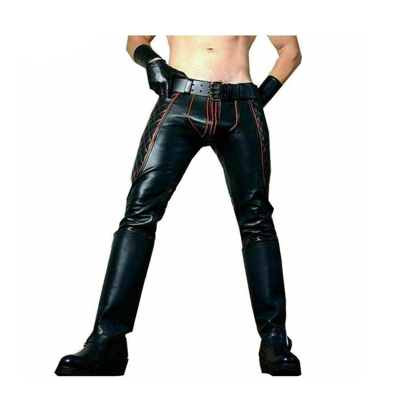 Leather Mens Trousers Black Red Piping Pants Biker BLUF Breeches Gay Trousers Cuir