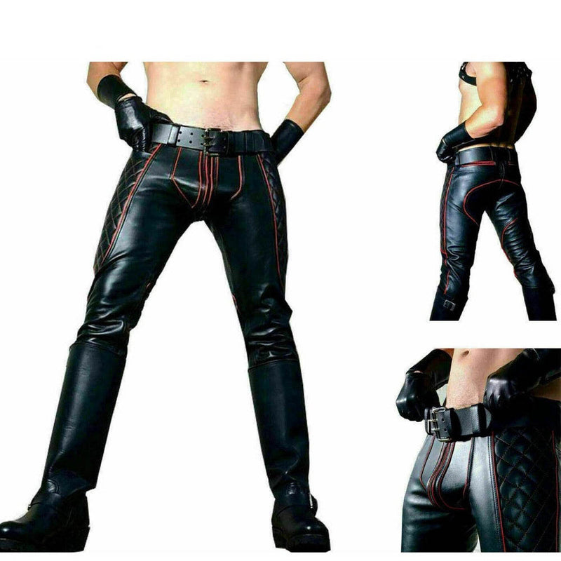 Leather Mens Trousers Black Red Piping Pants Biker BLUF Breeches Gay Trousers Cuir