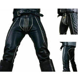 Leather Mens Trousers Black White Piping Pants Biker BLUF Breeches Gay Trousers