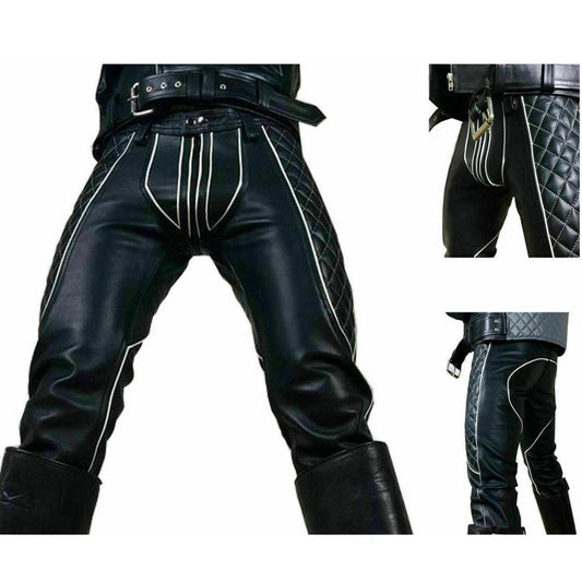 Pantalones de cuero para hombre Pantalones con ribetes blancos y negros Pantalones de motorista BLUF Pantalones gay
