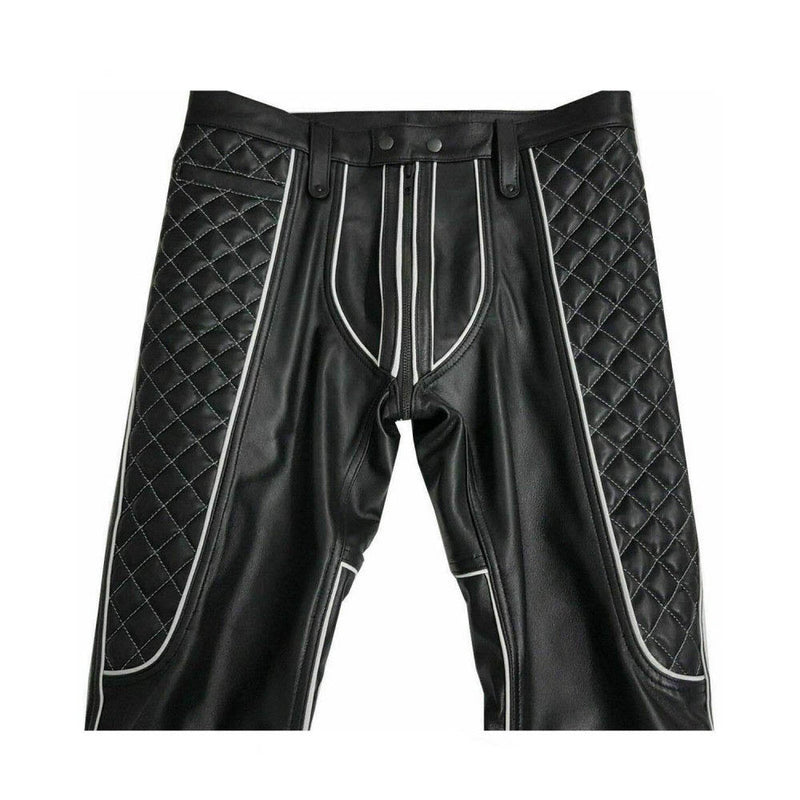 Pantalones de cuero para hombre Pantalones con ribetes blancos y negros Pantalones de motorista BLUF Pantalones gay