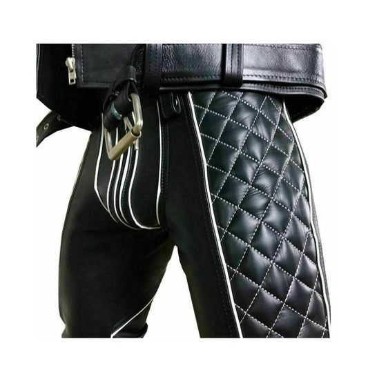 Pantalones de cuero para hombre Pantalones con ribetes blancos y negros Pantalones de motorista BLUF Pantalones gay