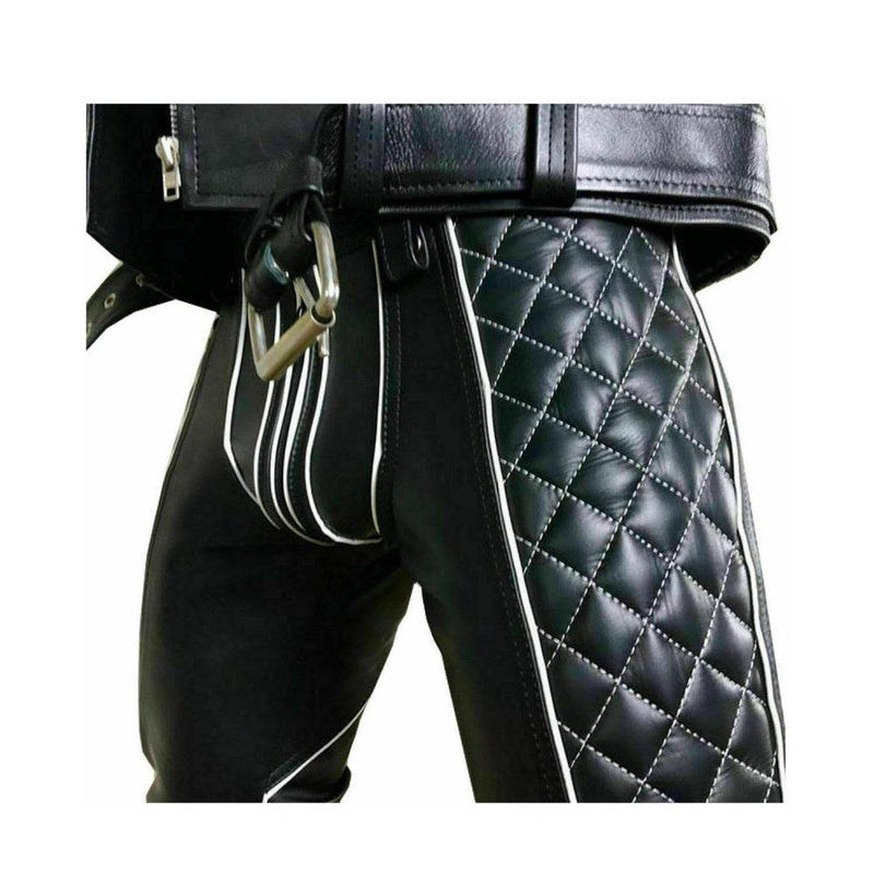 Leather Mens Trousers Black White Piping Pants Biker BLUF Breeches Gay Trousers