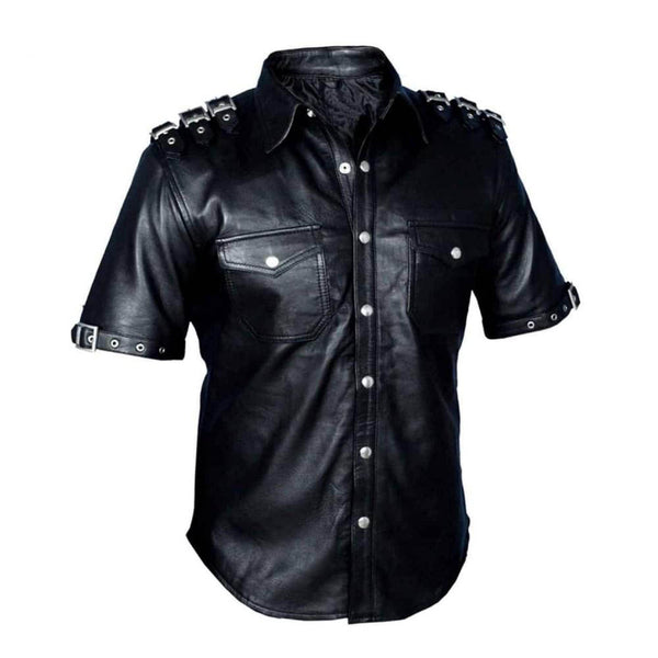 Leather Police Uniform Mens Hot Genuine Lambskin Black BLUF Gay Shirt