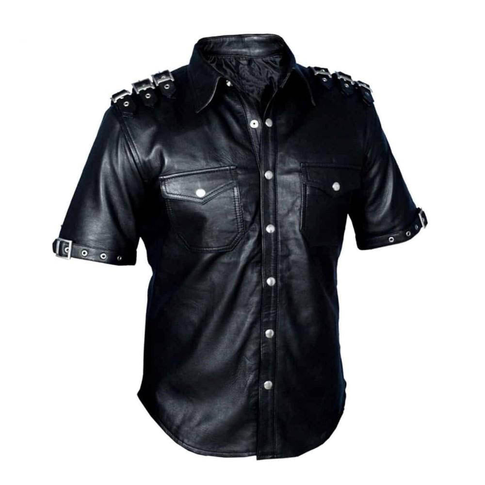 Uniforme de policía de cuero para hombre camisa Gay BLUF genuina de piel de cordero negra