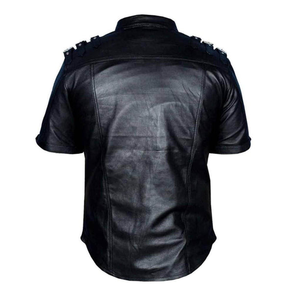 Uniforme de policía de cuero para hombre camisa Gay BLUF genuina de piel de cordero negra