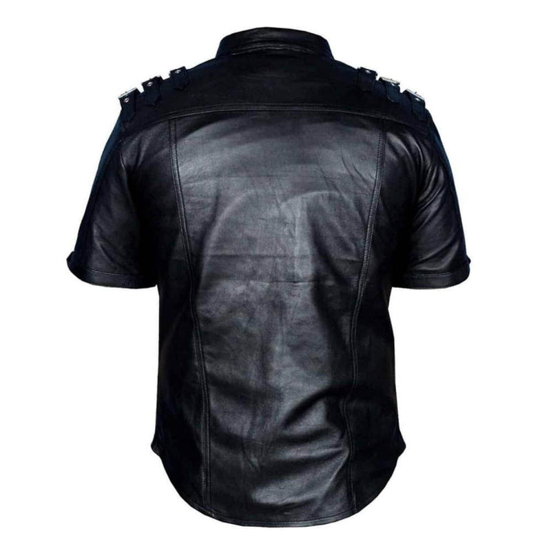 Uniforme de policía de cuero para hombre camisa Gay BLUF genuina de piel de cordero negra