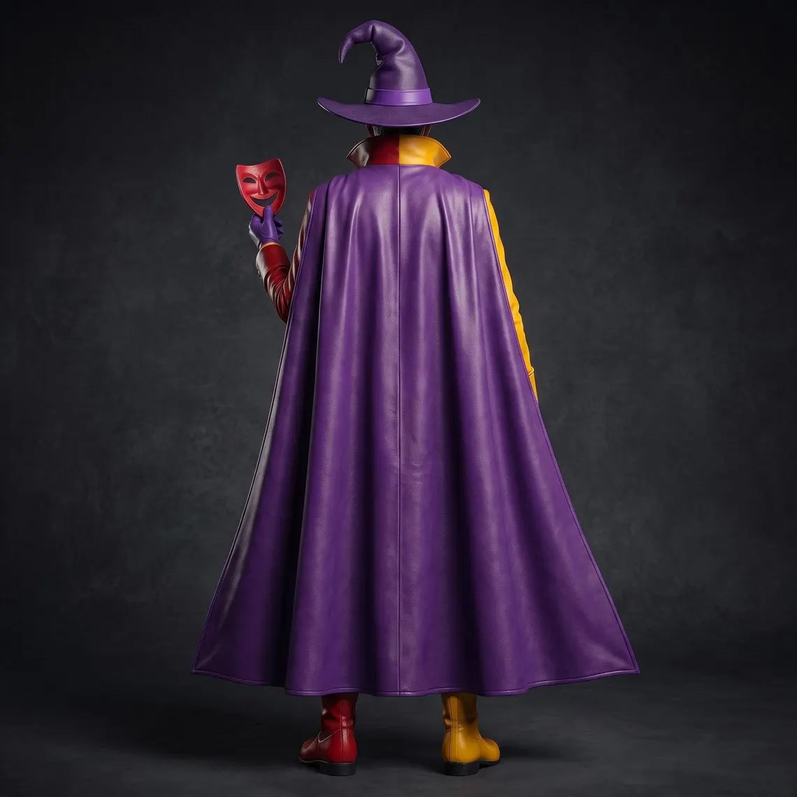 Rear view of the fantasy leather costume showing the sweeping purple leather cloak, standing red and yellow collar, and tailored leather boots.