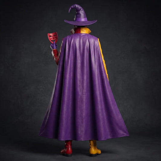 Rear view of the fantasy leather costume showing the sweeping purple leather cloak, standing red and yellow collar, and tailored leather boots.