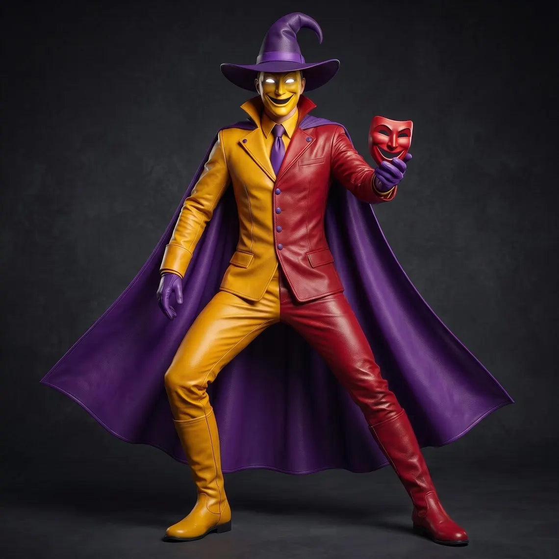Wide studio presentation of the five-piece red, yellow, and purple leather fantasy villain outfit with billowing purple cape.