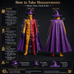 Comprehensive infographic and measurement diagram outlining sizing dimensions for the blazer, pants, cloak, and hat.