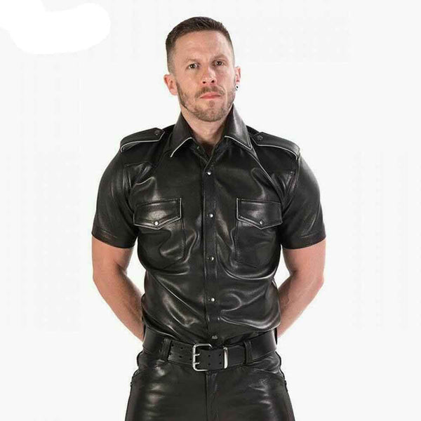 MENS REAL COWHIDE LEATHER Black Police Military Style Shirt BLUF ALL SIZE Shirt