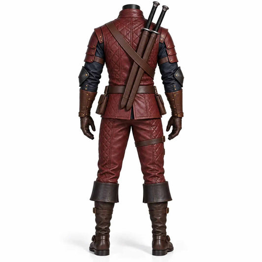 Rear view of burgundy fantasy warrior leather costume featuring twin sword back scabbard harness and quilted pants