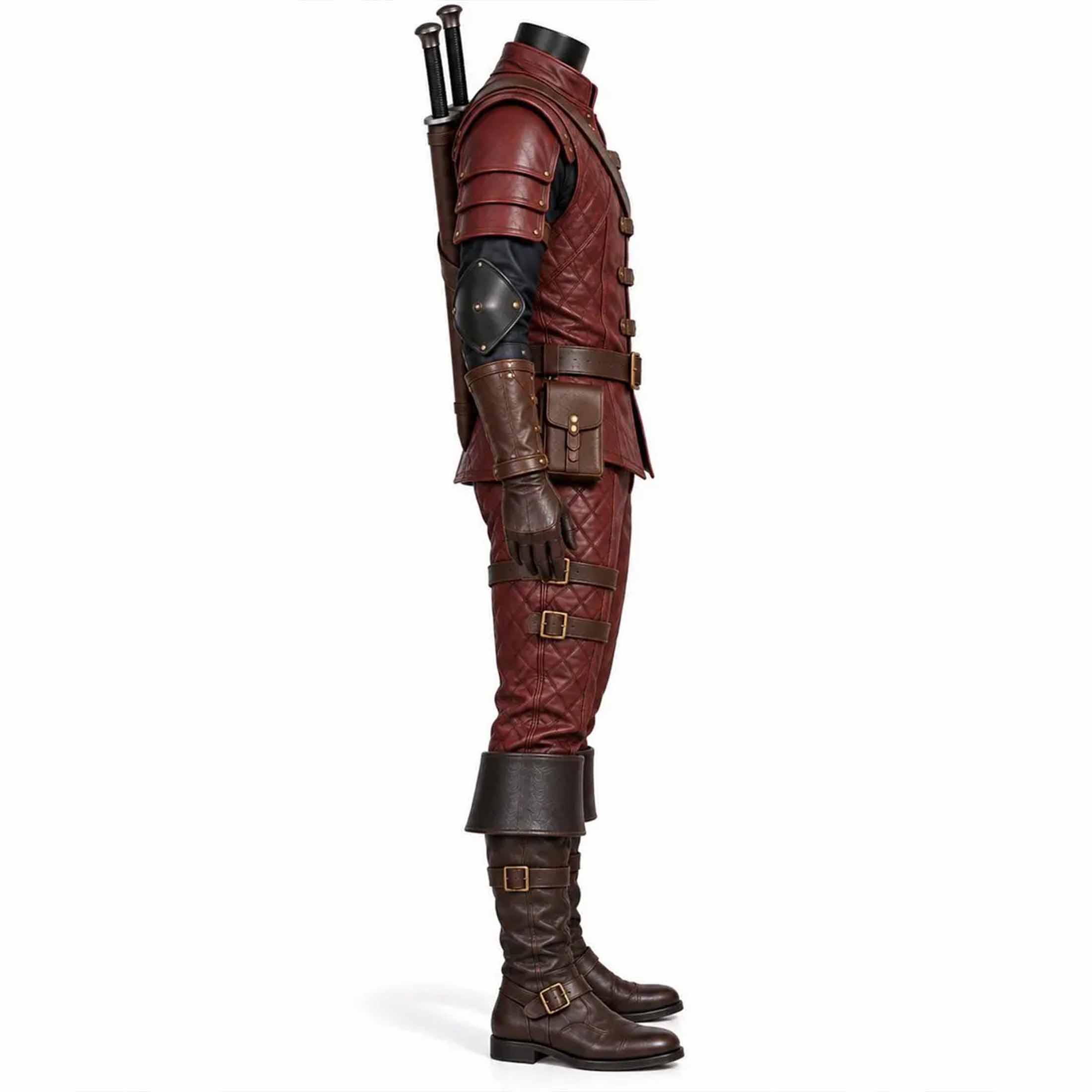 Side angle profile of handmade medieval rogue armor outfit highlighting layered leather pauldrons and hip pouches