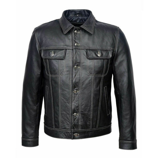 Chaqueta TRUCKER para hombre, clásica, negra, 100% piel de vaca REAL, estilo clásico 1280